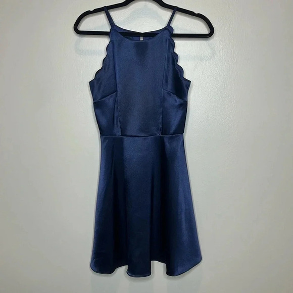 I.N. San Francisco Navy Blue Scalloped Cocktail Mini Dress Metallic Wedding - Picture 1 of 10